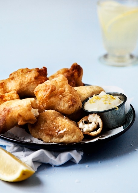 crispy white fish in orly dough, with lemon mayo